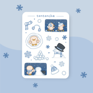 Sticker sheet with cute little ducklings playing in the snow