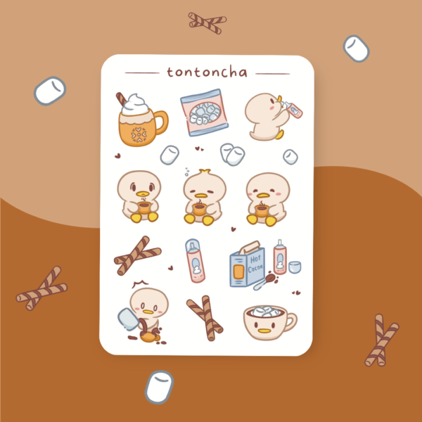 Sticker sheet with cute little ducklings drinking hot chocolate