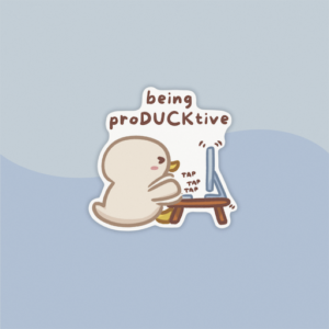 G1_proDUCKtive_noise Sticker of cute little duckling working on a computer, with the text "Being ProDUCKtive"