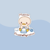 Sticker of a cute little duckling knitting, with the text "Master Procraftynator"