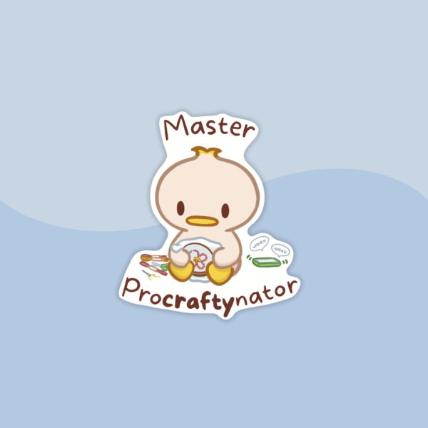 Sticker of a cute little duckling cross-stitching, with the text "Master Procraftynator"