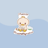 Sticker of a cute little duckling cross-stitching, with the text "Master Procraftynator"