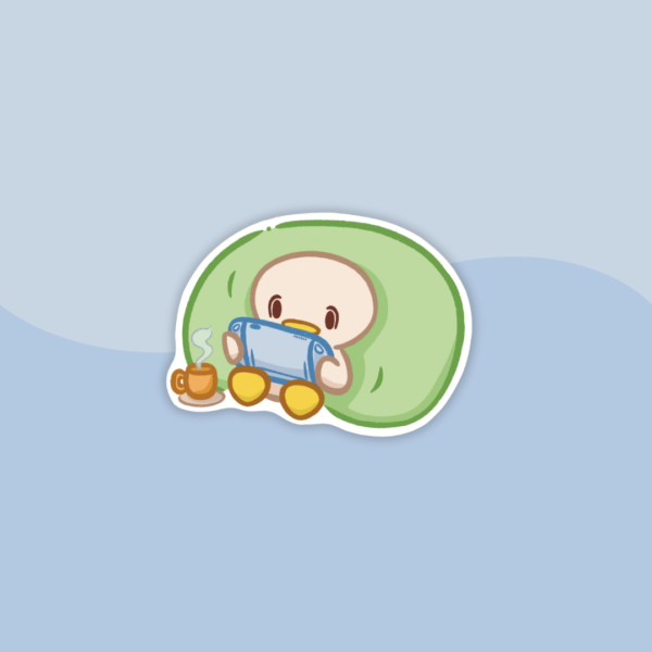 Sticker of a cute little duckling playing with a blue console