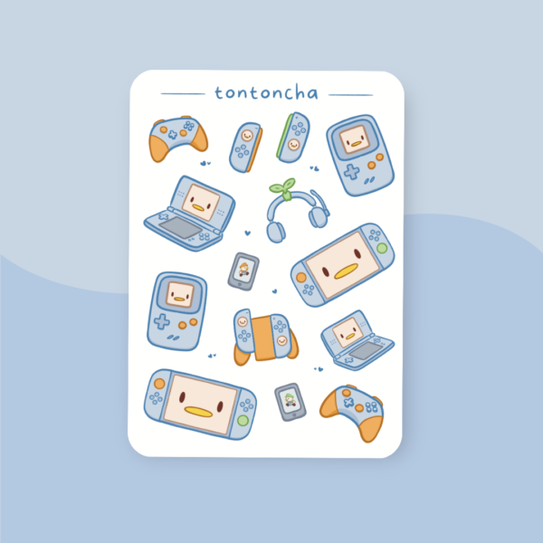 games_blue Sticker sheet with different type of blue consoles with cute duckling faces on the screens