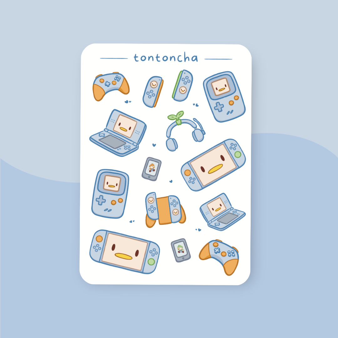 Sticker sheet with different type of blue consoles with cute duckling faces on the screens