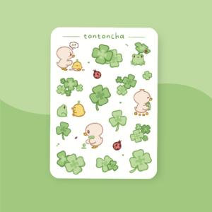 Sticker sheet with cute little ducklings, ladybugs and clovers