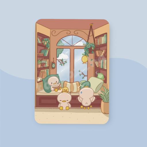 Postcard with cute little ducklings in a cozy reading nook