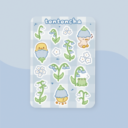 Lily of the Valley Sticker sheet with cute little ducks and chicks with lily of the valley flowers